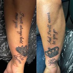 two tattoos with words and crowns on them