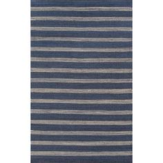 a blue and white rug with horizontal stripes