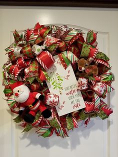 a christmas wreath is hanging on the front door