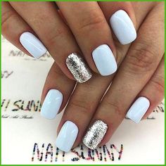 Light Blue With Silver Nails, Light Blue Manicure Ideas, Light Blue With Glitter Nails, Light Blue Prom Nails Short, Light Blue And Silver Nails Short, Fun Summer Nails Acrylic Short, Blue Manicure Ideas For Short Nails, Light Blue Nails With Design Short, Silver And Light Blue Nails