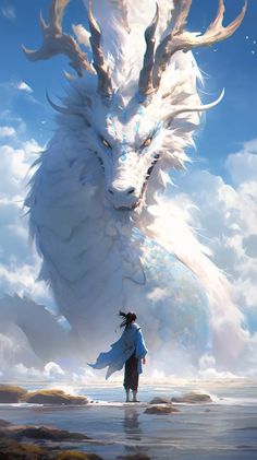 a woman standing in the water next to a large white dragon with horns on it's head