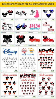 mickey mouse and other disney characters are shown in different font styles, including the numbers for each