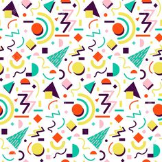 an abstract pattern with colorful shapes and lines on a white background, suitable for wallpaper or fabric