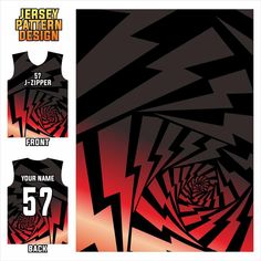 jersey pattern design with red and black swirls on the front, back and side views