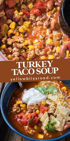 turkey taco soup in a blue bowl with tortilla chips and sour cream