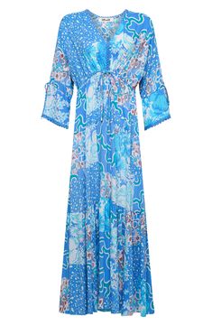 A mix of lively prints joyfully animates this airy, lightweight midi dress that bops to a boho beat. Slips on over head V-neck Three-quarter sleeves 100% viscose Dry clean Imported Patterned Boho Print Dress For Beach Cover-up, Blue Bohemian Maxi Dress With Boho Print, Bohemian V-neck Midi Dress With Vibrant Print, Hippie Blue V-neck Dress, Flowy Floral Print Midi Dress Beach Cover-up, Light Blue Flowy Midi Dress With Floral Print, Flowy Light Blue Midi Dress With Floral Print, Blue Viscose Midi Dress For Brunch, Flowy Turquoise Boho Print Dress