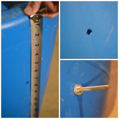 there are pictures of the inside of a blue barrel with a measuring tape on it