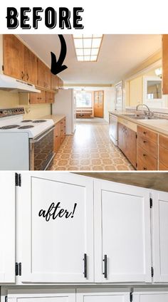 before and after photos of kitchen cabinets with the words before and after written on them