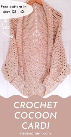 the crochet cocoon cardi is hanging on a door