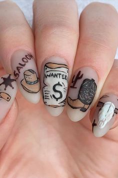 Hand-Painted Cowgirl Design on nails Nails With Horseshoe Design, Nail Art Designs Western, Horse Nail Ideas, Cute Rodeo Nails, Cowboy Nail Art, Nail Ideas Country, Country Style Nails, Country Christmas Nails