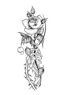 a drawing of a rose with leaves and drops on the petals, in black ink