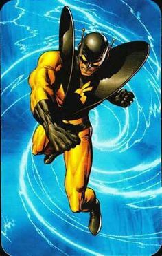 a man flying through the air while wearing a yellow and black costume