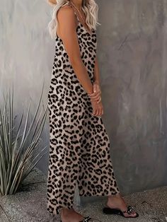 Lasaky - Contemporary Leopard Print Wide Leg Jumpsuit - Versatile Sleeveless Attire for Spring & Summer - Womens Fashion Jumpsuit Navy Blue, Boho Fabric, Pocket Pattern, Fabric Collars, Wide Leg Jumpsuit, Women's Summer Fashion, Types Of Printing, Jumpsuit Dress, Collar Styles