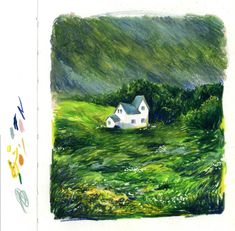 a drawing of a house in the middle of a field