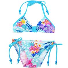 Put on your new swimsuit, fill your sippy cup with pineapple juice and tell Mom and Dad to take you on a tropical vacation! This beautiful bikini has a mint background with tropical flowers all over. The ties each have a blue heart bead on the end. Color: Blue Designer: Babi-kini Made in: California Fabric Information: 84% Nylon, 16% Spandex *Made of imported materials. Playful Swimwear For Vacation, Adjustable Tropical Swimwear For Summer, Playful Adjustable Swimwear, Playful Adjustable Swimwear For Swimming, Playful Adjustable Triangle Top Swimwear, Adjustable Tropical Multicolor Swimwear, Green Adjustable Beachy Swimwear, Adjustable Green Beachy Swimwear, Playful Blue Swimwear For Vacation