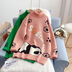 Style: commuting Size: one size Color: pink, green Cartoon Sweater, Lazy Style, College Style, Swaggy Outfits, Loose Sweater, Winter Clothes, College Fashion, Baby Car Seats, Cute Cartoon