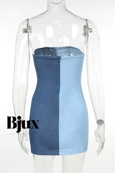 Bjux - Chic Blue Patchwork Backless Dress with Contrasting Strapless Design and Wrapped Skirt Blue Bodycon Strapless Dress, Blue Stretch Strapless Summer Dress, Blue Strapless Mini Dress For Club, Strapless Blue Mini Dress For Club, Blue Stretch Strapless Mini Dress, Fitted Blue Bandeau Dress, Blue Bandeau Stretch Dress, Blue Stretch Bandeau Dress, Wrapped Skirt