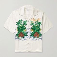 Tropical Scenery Emboldens The Front Of A Snap-Up Shirt Crafted From A Breezy Lyocell Blend. Front Snap Closure Notched Collar Short Sleeves 63% Lyocell, 37% Rayon Dry Clean Made In The Usa Twill Shirt, Beach Scenes, Short Shirts, Camping Shirt, White Casual, Shirt White, Palm Tree, Casual Button Down Shirts, Palm Trees