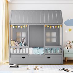 a child's bedroom with a gray bunk bed