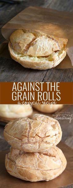 three different types of bread stacked on top of each other with the words against the grain rolls