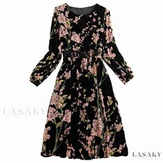 Lasaky - Sensual Revival Maxi Dress with Long Sleeve and Intricate Details Elegant Black Printed Floral Dress, Black Floral Print Maxi Dress For Winter, Black Bohemian Dress For Winter, Winter Black Maxi Dress With Floral Print, Elegant Floral Print Maxi Dress For Winter, Elegant Black Long Sleeve Floral Dress, Elegant Floral Print Winter Maxi Dress, Elegant Winter Floral Print Maxi Dress, Winter Floral Maxi Dress