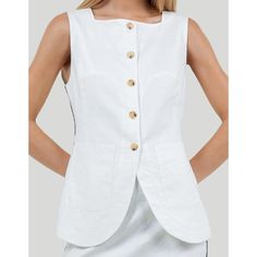 Available In Sizes Xs, S, M And L - Sleeveless Button Up Top/Vest - Lightweight Linen Blend Fabric Perfect For Fit Summer #Oldmoney #Sofiarichie #Posse #Chic Fit Summer, Sofia Richie, Button Up Top, White Brand, Casual Blouse, Old Money, Linen Blend, Blouses For Women, Button Up