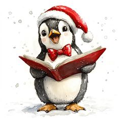 a penguin wearing a santa hat and holding a book in its paws with snow falling around it