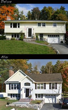 before and after photos of a new front entry to a house in the fall or winter