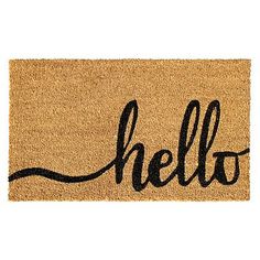 a door mat with the word hello written on it in black ink next to a white background