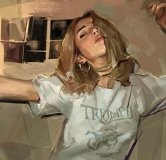 a digital painting of a woman in a white shirt