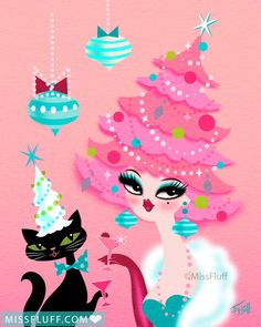 a painting of a cat and a woman with a pink christmas tree on her head