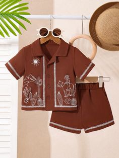 Infant Boys' Fashion Summer Holiday Tropical Embroidery Polo Shirt & Shorts Set Bronze     Animal,Floral  Non-Stretch,Slight Stretch  Baby Boys Clothing, size features are:Bust: ,Length: ,Sleeve Length: Infant Boy Fashion, Tropical Embroidery, Boys Summer Fashion, Kids Dress Wear, Long Sleeve Denim Jacket, Baby Garments, Infant Boys, Boys Fashion