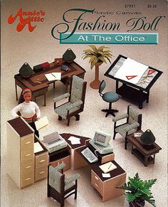 an advertisement for the fashion doll at the office, featuring chairs and desks with computers on them