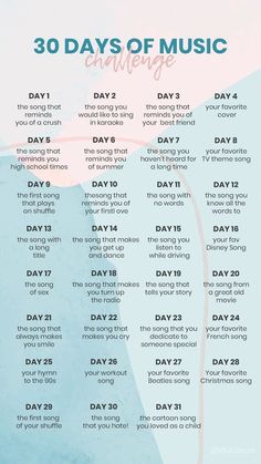 the 30 days of music challenge is shown in blue and pink with an abstract background