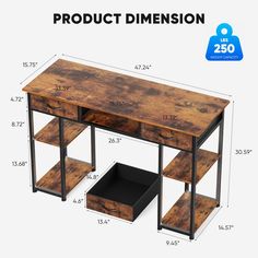 an image of a desk with drawers and shelfs on the bottom, labeled product dimension