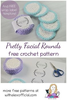 the crochet pattern for pretty facial rounds is shown in three different colors and sizes