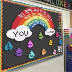 a bulletin board with raindrops and words on it that say, you are welcome