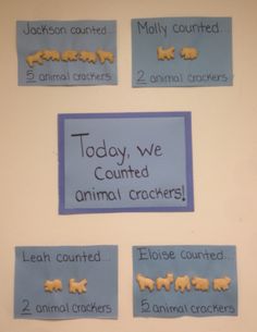 four pieces of paper with animals and words on them that say today, we counts animal crackers