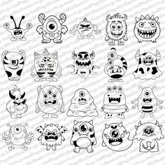 some cute little monsters with big eyes and large mouths, all in black and white