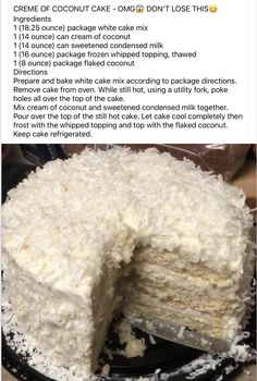 Two Layer Cake, Coconut Cream Cake, Cream Of Coconut, Coconut Cake Recipe, Coconut Desserts, The Audacity, Food Poisoning, Homemade Cake Recipes, Delicious Cake Recipes