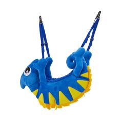 a blue and yellow toy hanging from a rope