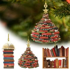 a christmas tree made out of books hanging from a book shelf next to an ornament