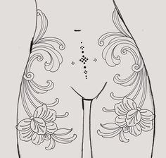 Ornamental Back Tattoo Women Design, Ornamental Hip Tattoos Women, Symmetrical Stomach Tattoo Women, Ornamental Tattoo Thigh, Symmetrical Hip Tattoos Women, Ornamental Thigh Tattoo, Ornamental Hip Tattoo, Stomach Tattoo Women, Ornamental Stomach Tattoo