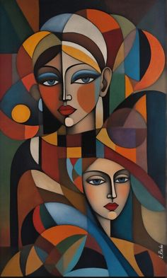 an abstract painting with two women's faces