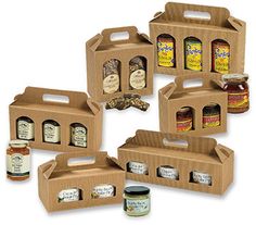 six open boxes with different types of food in them and the lids on each box