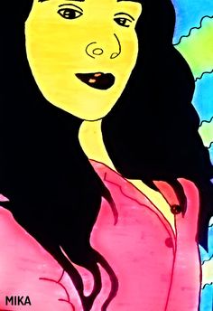 a drawing of a woman with long black hair wearing a pink shirt and looking at the camera