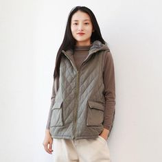 Women 2020 Autumn New Sleeveless Hooded Pockets Chinese Style Women Cloths Loose Vests - Omychic Khaki Sleeveless Winter Vest, Gray Winter Vest With Pockets, Gray Sleeveless Vest For Fall, Gray Sleeveless Outerwear For Spring, Gray Sleeveless Vest Outerwear, Sleeveless Gray Outerwear For Spring, Gray Casual Vest With Pockets, Gray Sleeveless Vest For Outdoors, Casual Gray Vest With Pockets