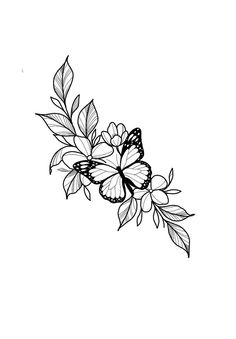 a black and white drawing of a butterfly with leaves on it's back side