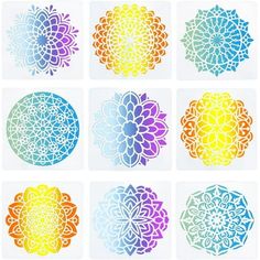 six different colored flower designs on white paper