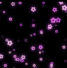 purple flowers are floating in the air on a black background with pink and white dots